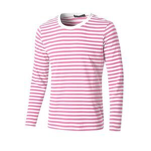 Striped Crew Neck Long Sleeve Casual Cotton Pullover Tee Top Pink White
